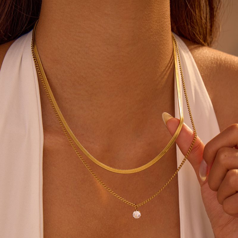 1 Double Necklace Stainless Steel Diamond Snake Bone Double Necklace