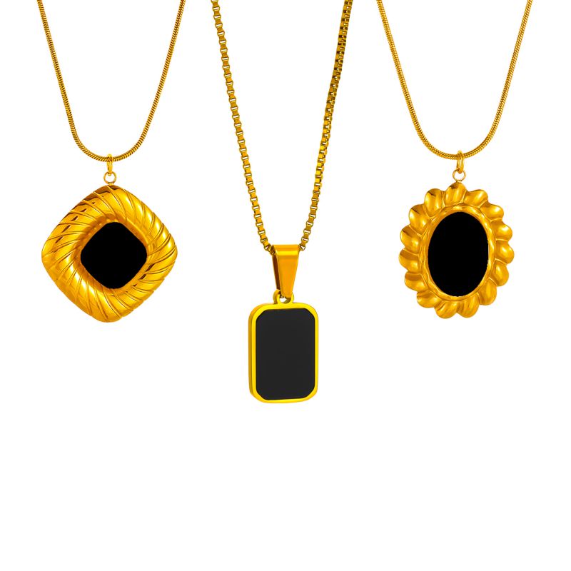 Gold + Black Oval Lace Titanium Steel Oval Necklace