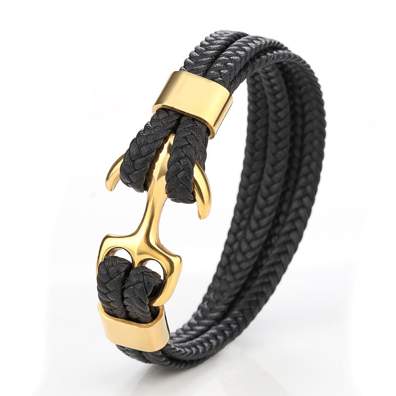 Black Leather Gold Anchor Titanium Steel Braided Geometric Men's Bracelet