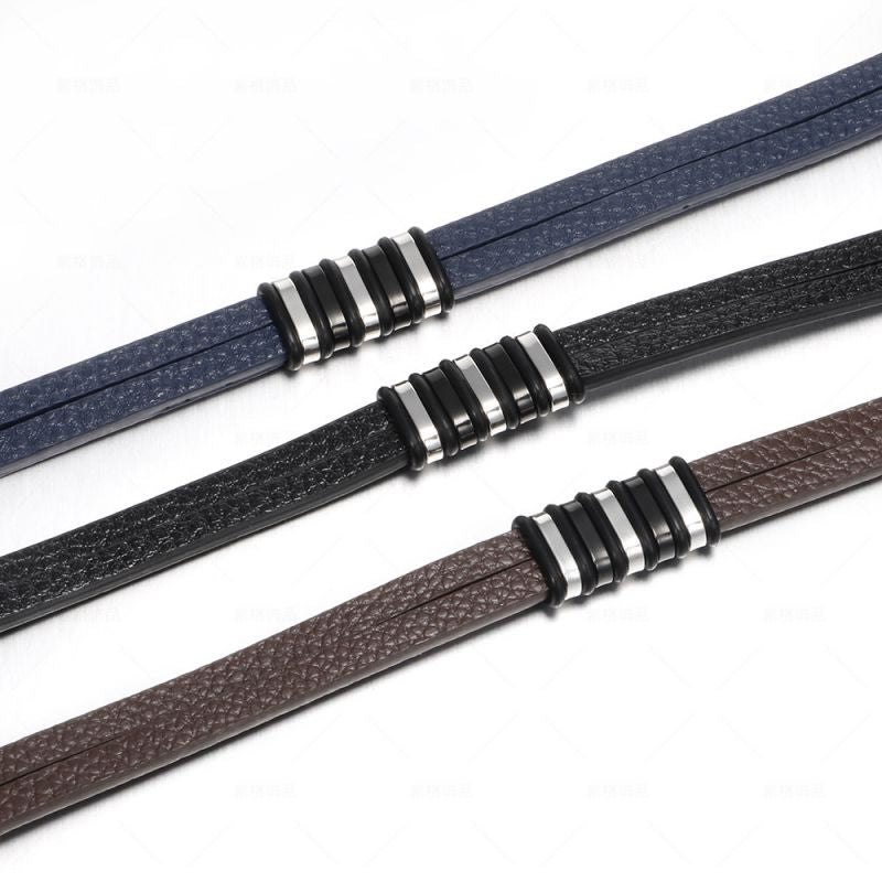 Brown Stainless Steel Leather Men's Bracelet