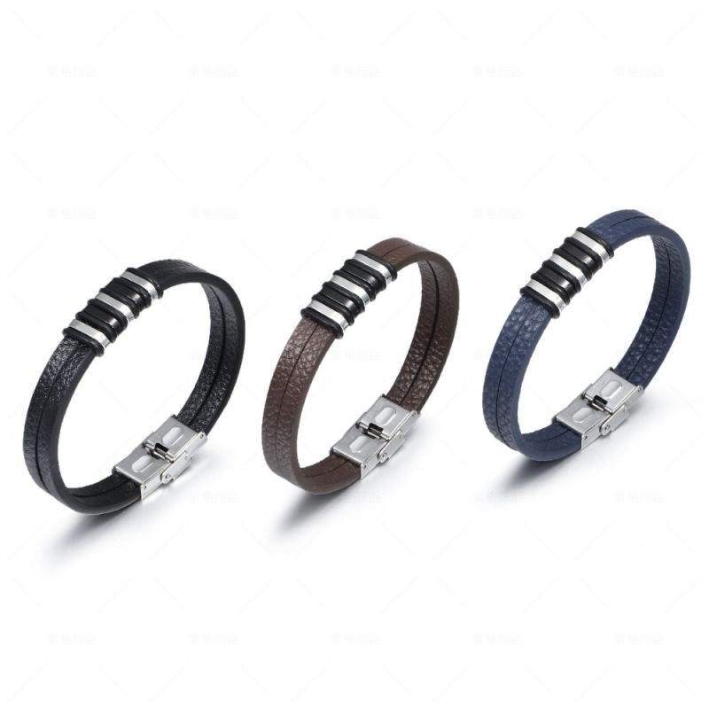 Brown Stainless Steel Leather Men's Bracelet