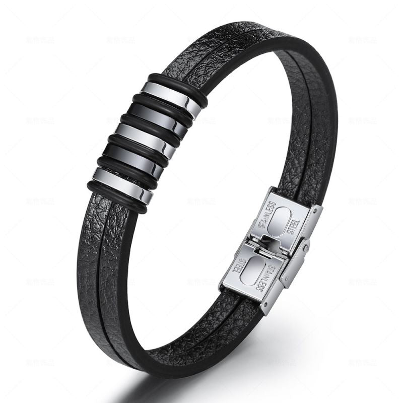 Brown Stainless Steel Leather Men's Bracelet