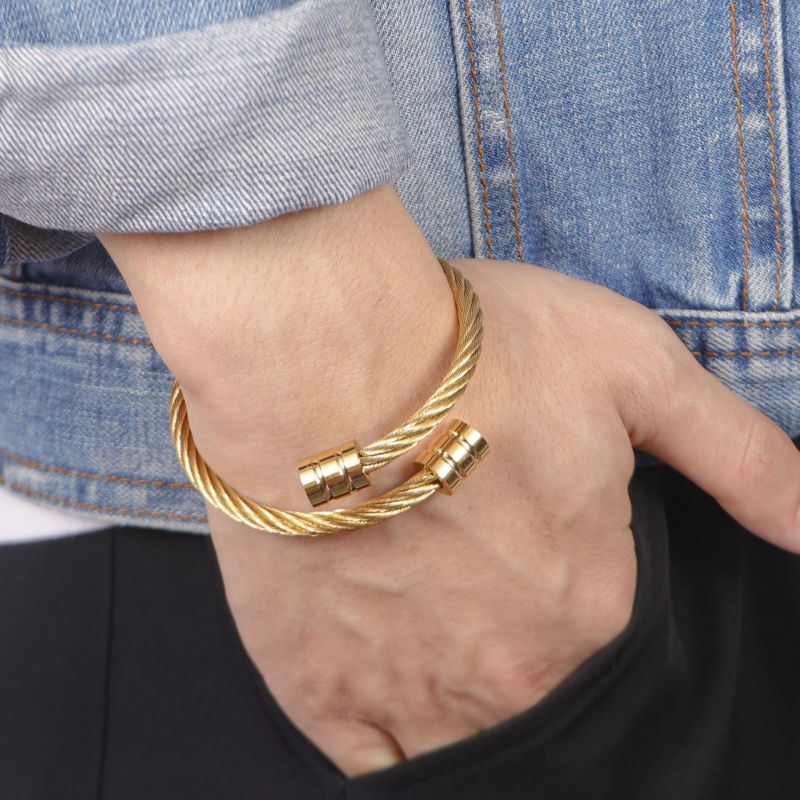 Silver Chain + Silver Buckle Metal Threaded Round Men's Bracelet