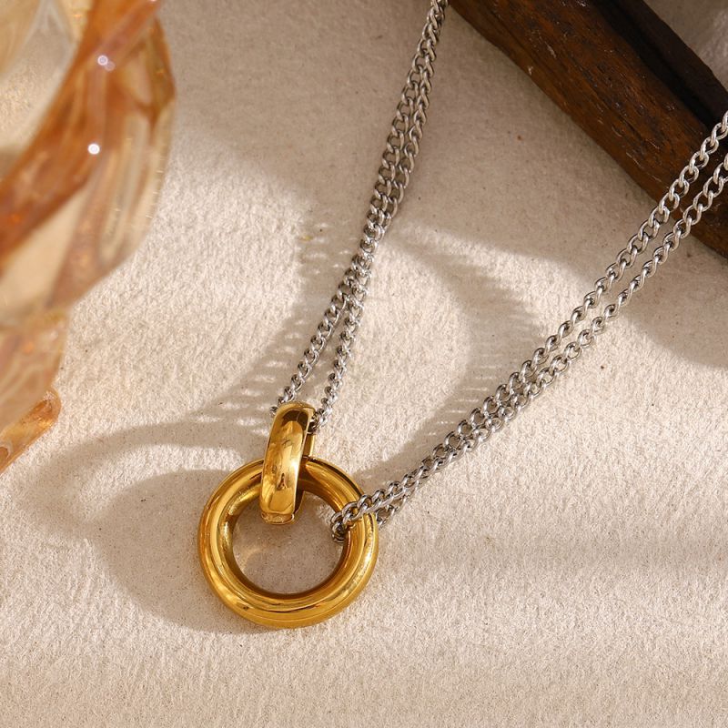 Double Chain Hoop Necklace - Two Colors Stainless Steel Double Chain Ring Necklace
