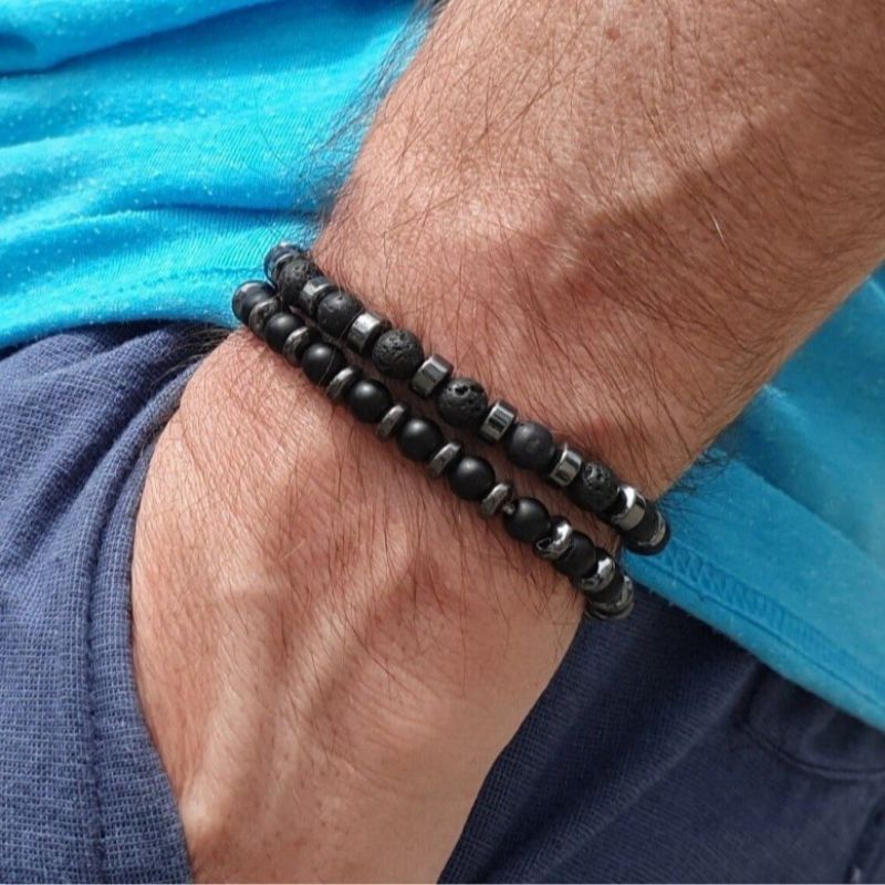 Bracelet 2 Volcanic Stone Hematite Beaded Men's Bracelet