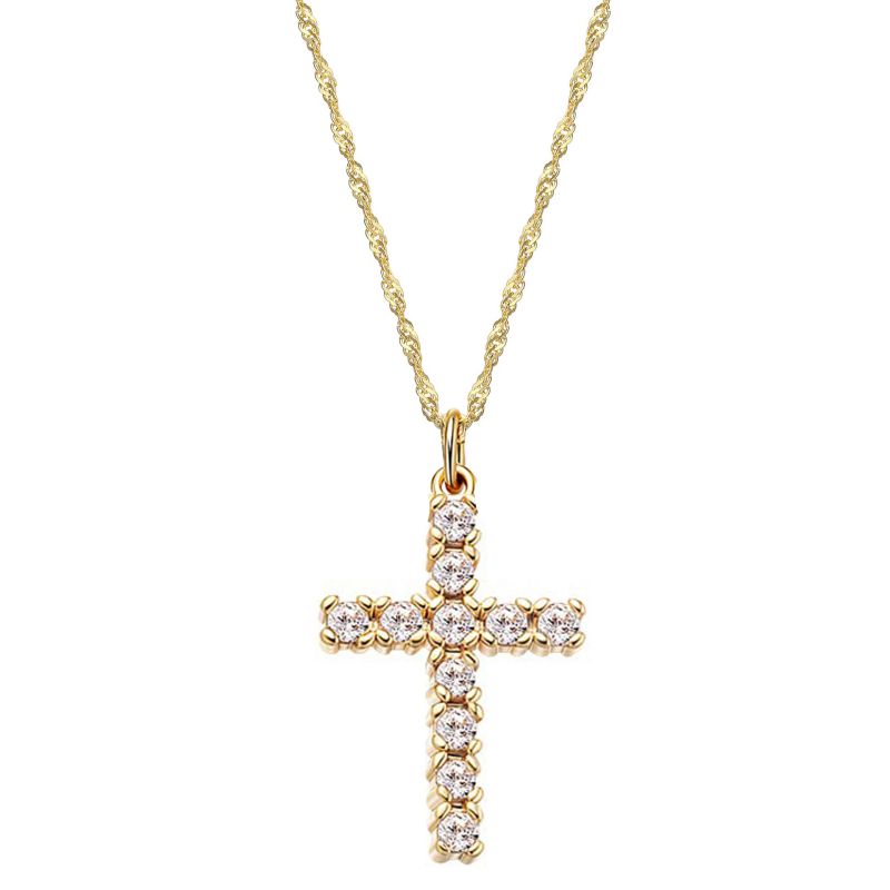 Gold Stainless Steel Diamond Cross Necklace