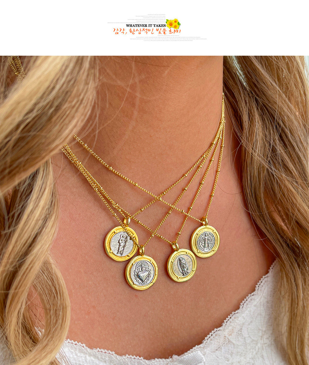 Gold And Silver 1 Titanium Steel Round Portrait Colorblock Necklace