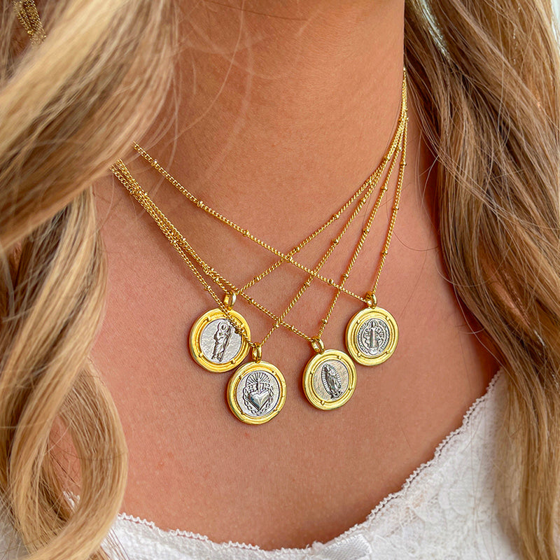 Gold And Silver 1 Titanium Steel Round Portrait Colorblock Necklace