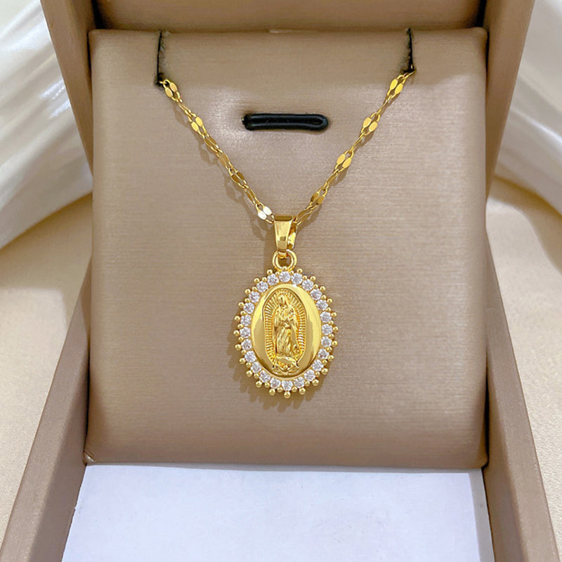 Gold Stainless Steel Diamond Portrait Necklace