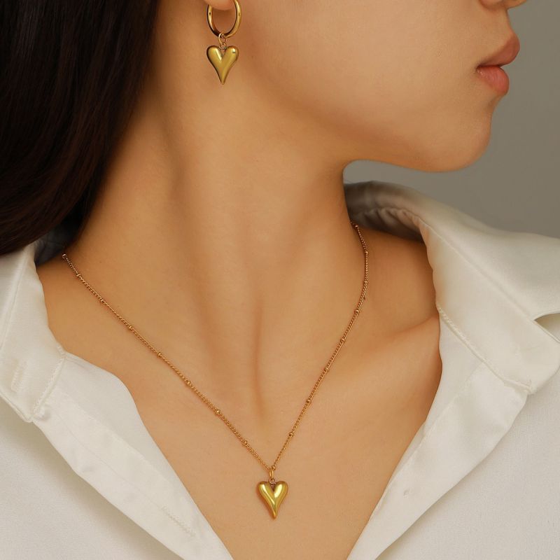 Gold Heart-shaped Earrings And Necklace Set Stainless Steel Heart Necklace Earring Set