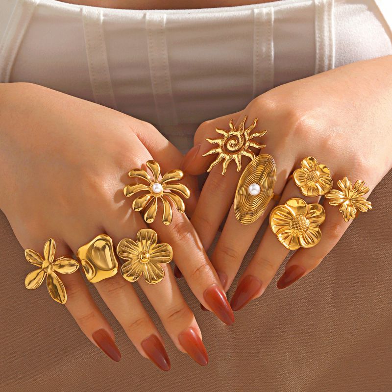 Gold Ring 6# Stainless Steel Petal Ring