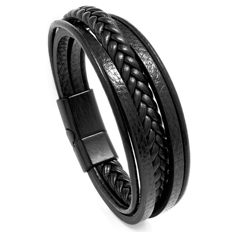 Silver Magnetic Buckle + Black Leather 23cm Multi-layer Braided Magnetic Buckle Men's Bracelet