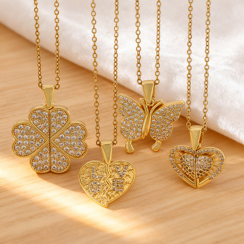 Gold 4 Titanium Steel Inlaid Zirconium Butterfly Necklace (openable)