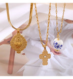 Gold 2 Titanium Steel Inlaid Zirconium Pattern Cross Necklace
