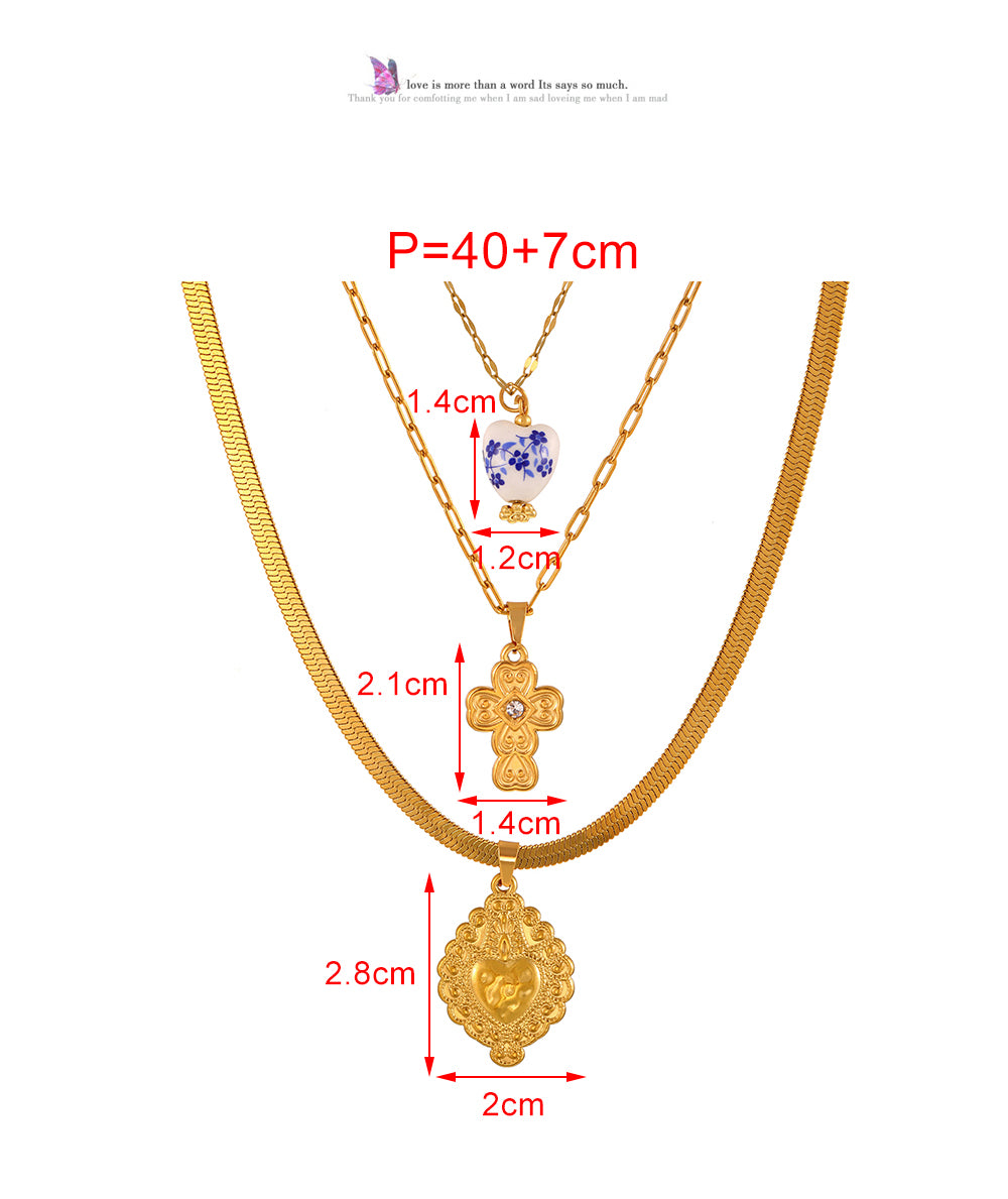 Gold 2 Titanium Steel Inlaid Zirconium Pattern Cross Necklace
