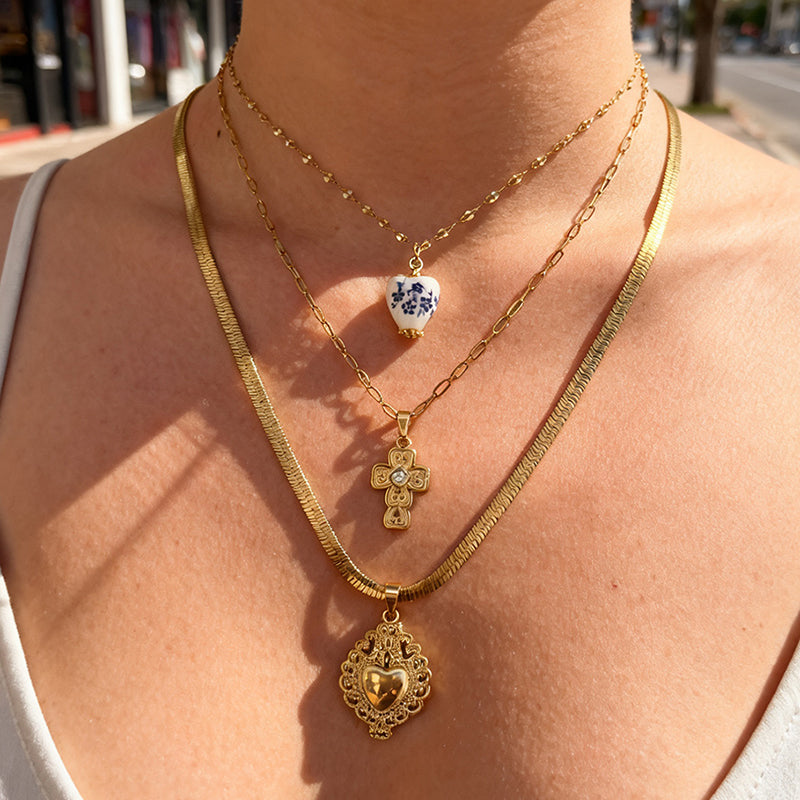 Gold 2 Titanium Steel Inlaid Zirconium Pattern Cross Necklace