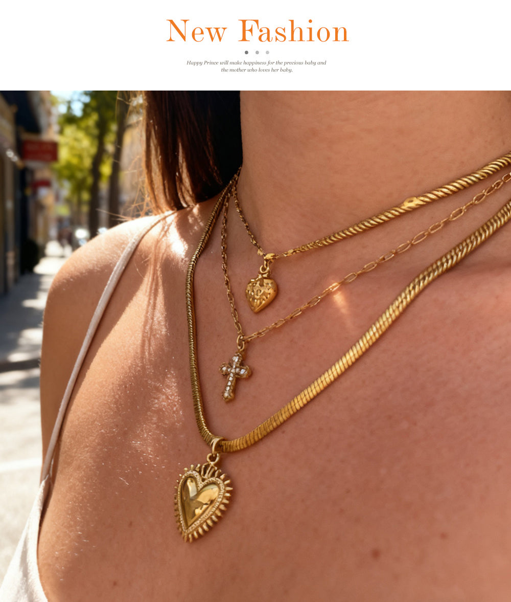 Gold 1 Titanium Steel Sawtooth Heart Snake Bone Chain Necklace