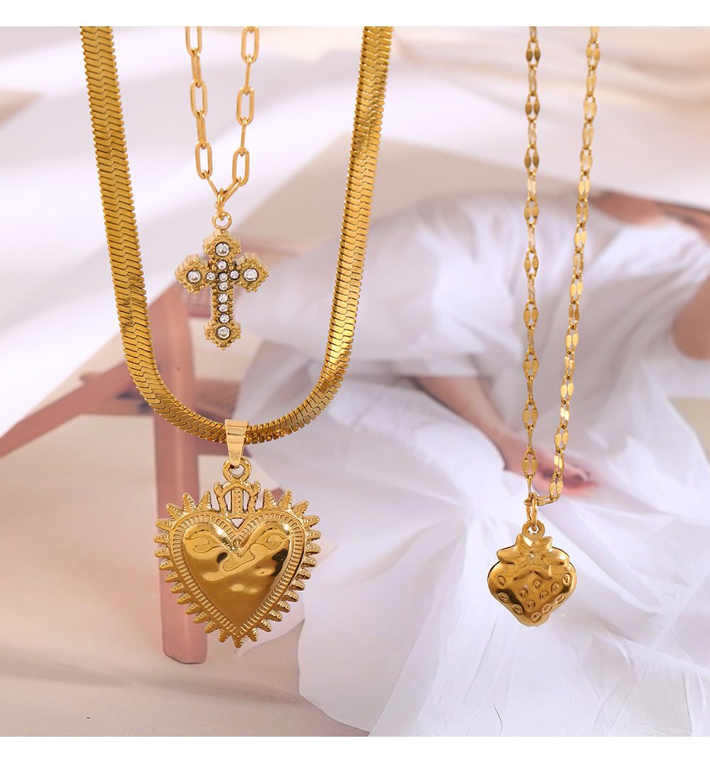 Gold 1 Titanium Steel Sawtooth Heart Snake Bone Chain Necklace