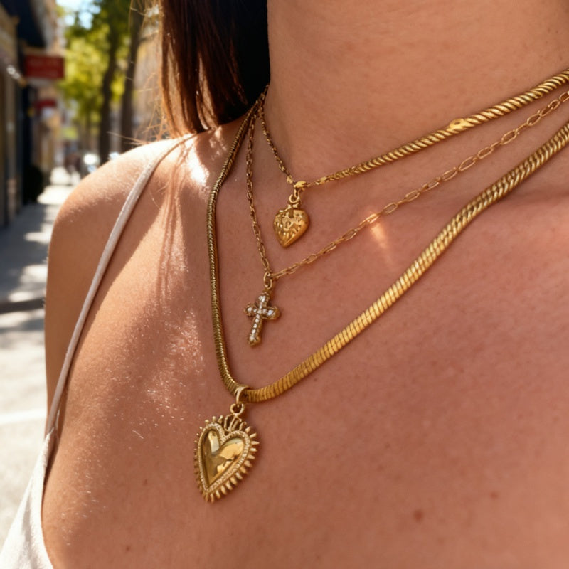 Gold 1 Titanium Steel Sawtooth Heart Snake Bone Chain Necklace