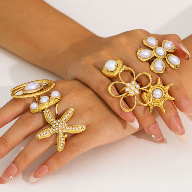Ring 3# Stainless Steel Pearl Flower Ring