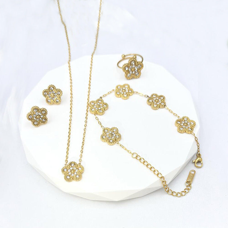Five-leaf Clover [earrings + Necklace] Stainless Steel Diamond Flower Necklace And Earring Set