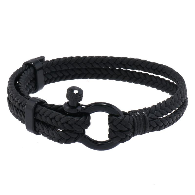 Black Leather Braided Horseshoe Buckle Men's Bracelet