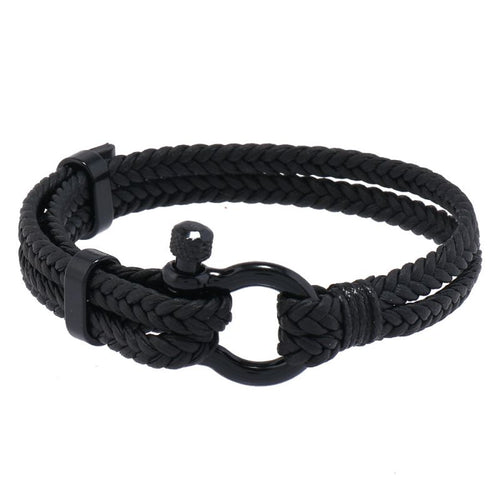 Black Leather Braided Horseshoe Buckle Men's Bracelet