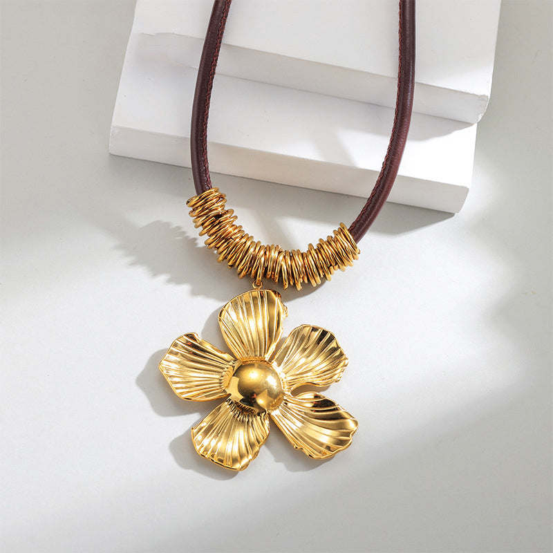 Gold Leather Cord Flower Necklace