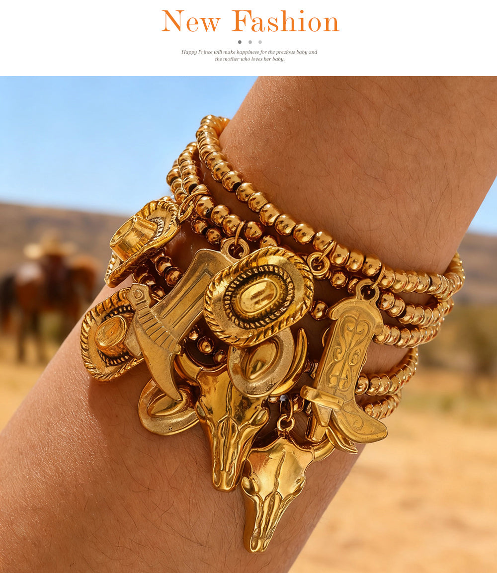 Gold 3 Titanium Steel Western Cowboy Series Beaded Bracelet
