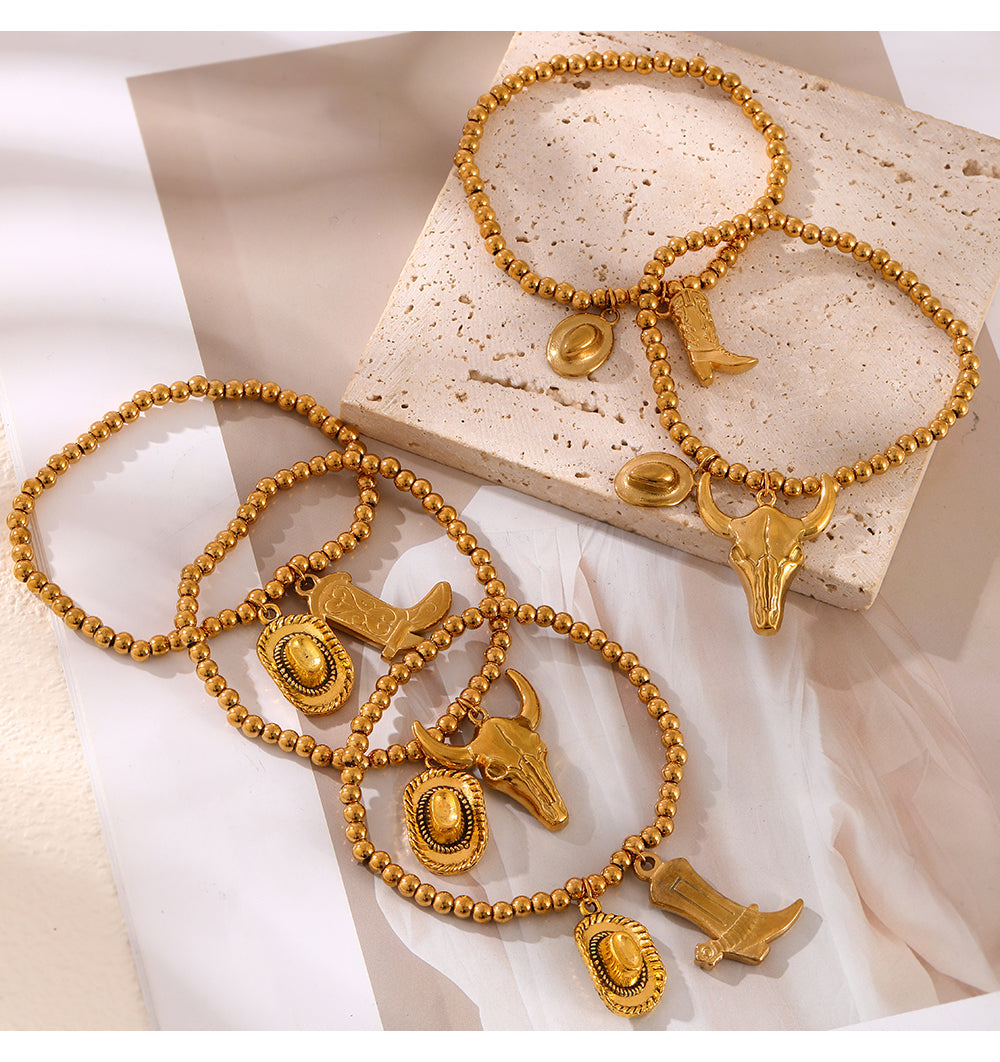 Gold 3 Titanium Steel Western Cowboy Series Beaded Bracelet