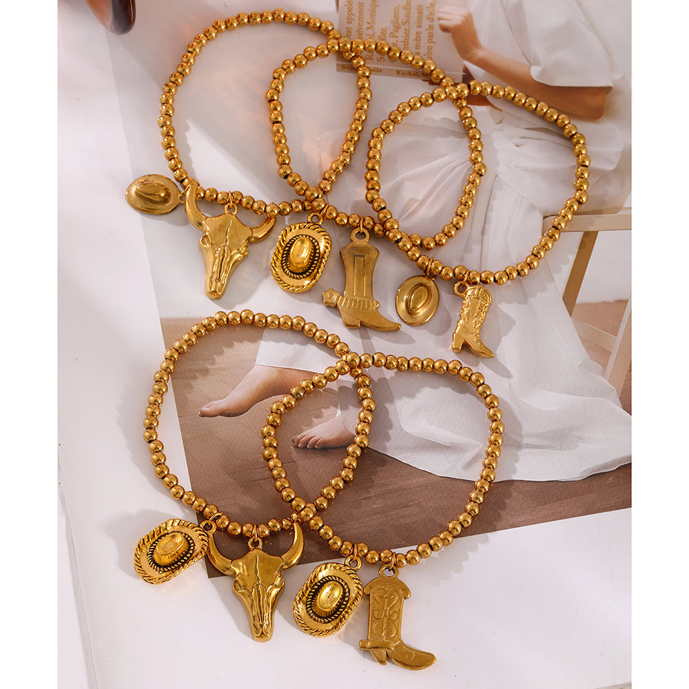 Gold 3 Titanium Steel Western Cowboy Series Beaded Bracelet