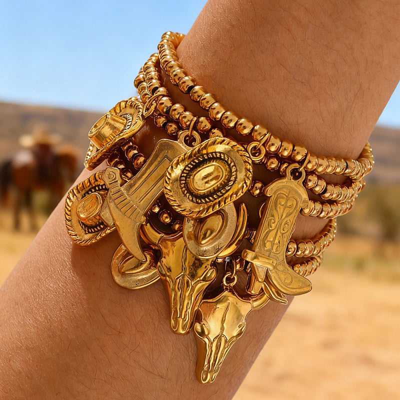 Gold 3 Titanium Steel Western Cowboy Series Beaded Bracelet
