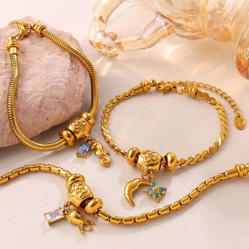 Stars And Moon Stainless Steel Diamond-encrusted Star And Moon Bracelet