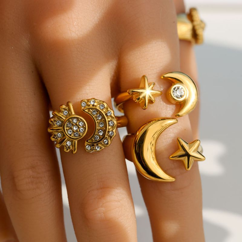 Ring #3 Stainless Steel Diamond-encrusted Star And Moon Ring