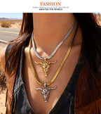 Gold And Silver 1 Titanium Steel Openwork Bull's Head Snake Bone Chain Necklace