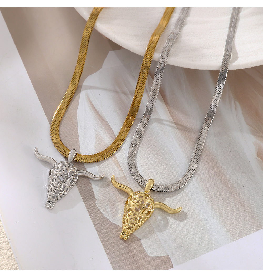 Gold And Silver 1 Titanium Steel Openwork Bull's Head Snake Bone Chain Necklace