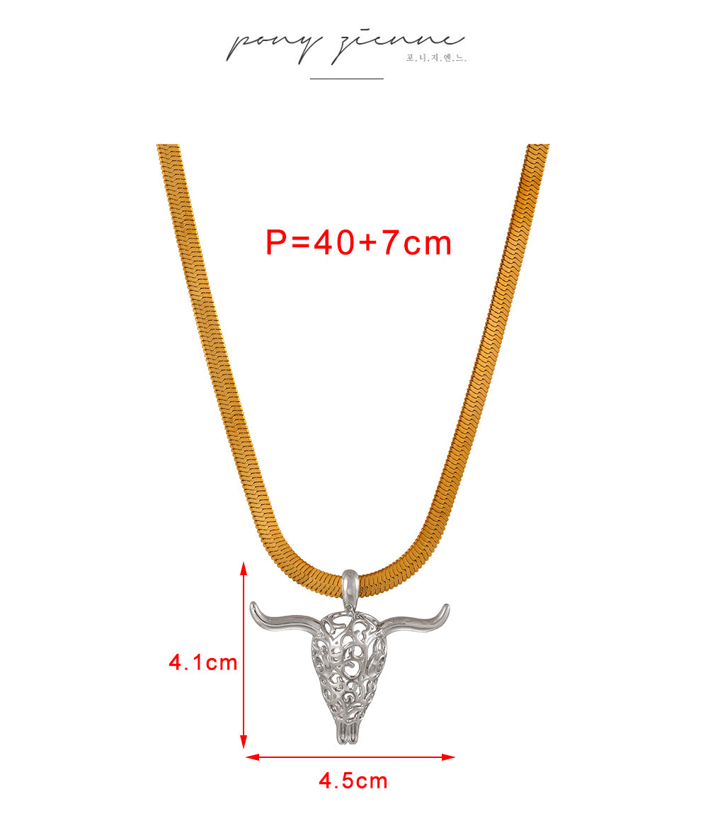 Gold And Silver 2 Titanium Steel Openwork Bull's Head Snake Bone Chain Necklace