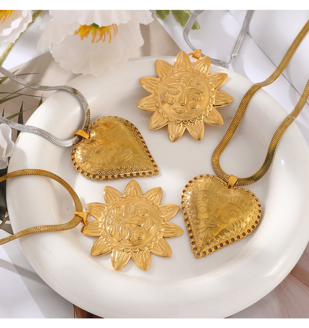 Gold 1 Titanium Steel Sun Face Snake Bone Chain Necklace