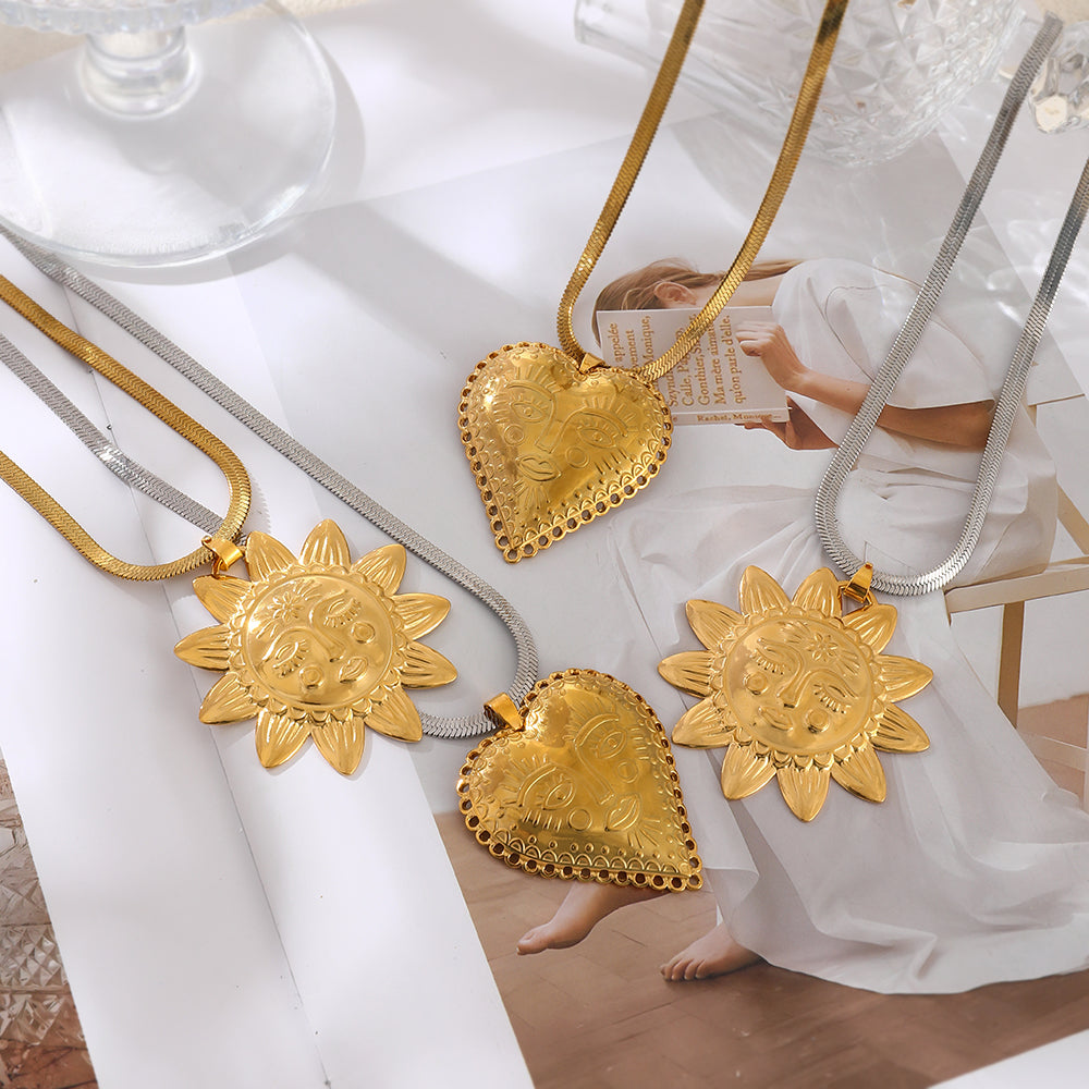 Gold 1 Titanium Steel Sun Face Snake Bone Chain Necklace