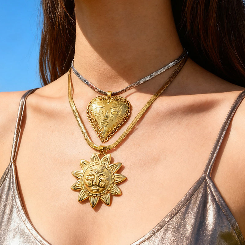Gold 1 Titanium Steel Sun Face Snake Bone Chain Necklace