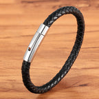 Black - 23cm Stainless Steel Leather Woven Men's Bracelet