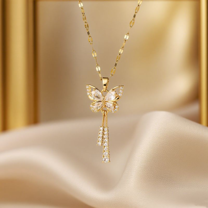 Gold Full Diamond Butterfly Tassel O-shaped Necklace Stainless Steel Diamond-encrusted Butterfly Necklace