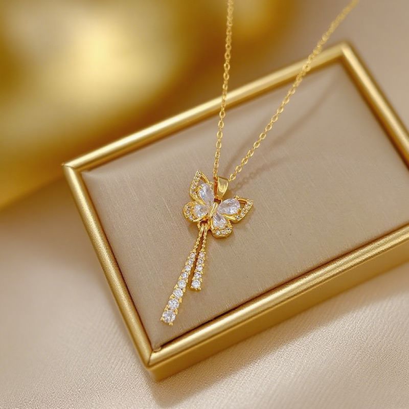 Gold Full Diamond Butterfly Tassel O-shaped Necklace Stainless Steel Diamond-encrusted Butterfly Necklace