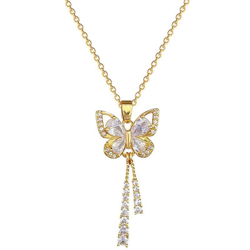 Gold Full Diamond Butterfly Tassel O-shaped Necklace Stainless Steel Diamond-encrusted Butterfly Necklace