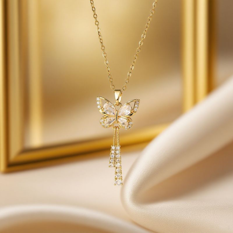 Gold Full Diamond Butterfly Tassel O-shaped Necklace Stainless Steel Diamond-encrusted Butterfly Necklace