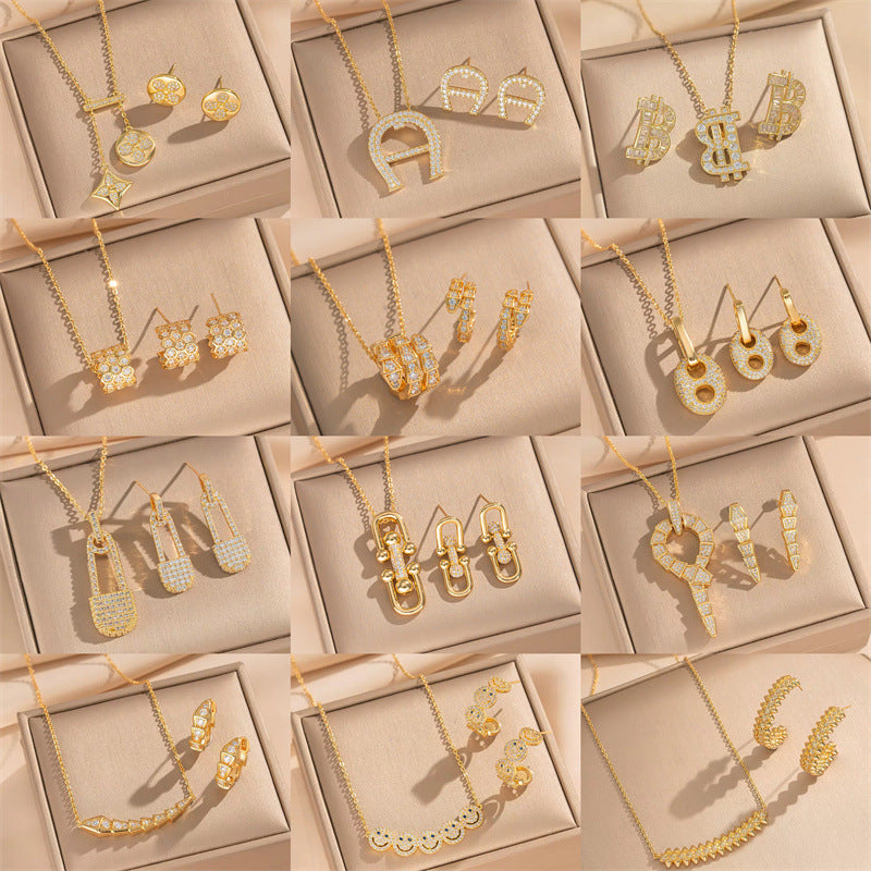 Gold Set Titanium Steel Diamond-encrusted Four-leaf Clover Necklace And Earring Set