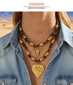 Gold 2 Titanium Steel Heart Series Leopard Print Ribbon Beaded Necklace