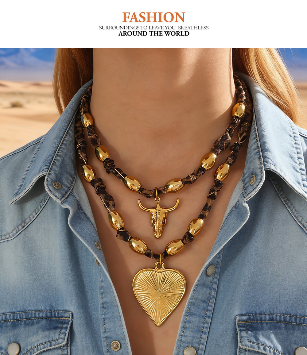 Gold 4 Titanium Steel Heart Series Leopard Print Ribbon Beaded Necklace