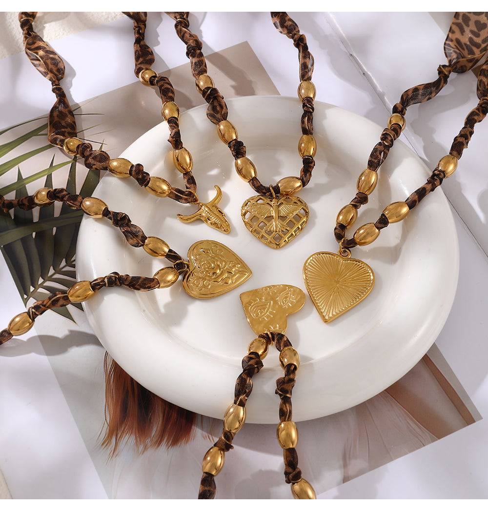 Gold 4 Titanium Steel Heart Series Leopard Print Ribbon Beaded Necklace