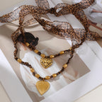 Gold 4 Titanium Steel Heart Series Leopard Print Ribbon Beaded Necklace